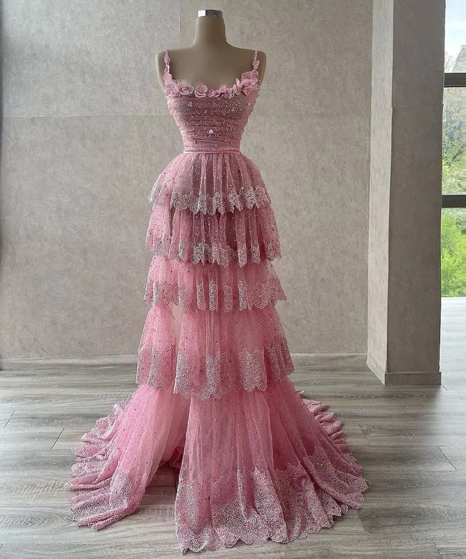 Elegant A Line Pink Tulle Long Prom Dress, Evening Dress       S6521