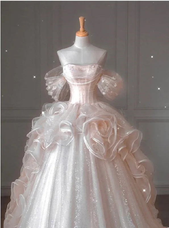 A line Pink Tulle Ball Gown Off Shoulder Long Prom Dresses Evening Dress     S6657