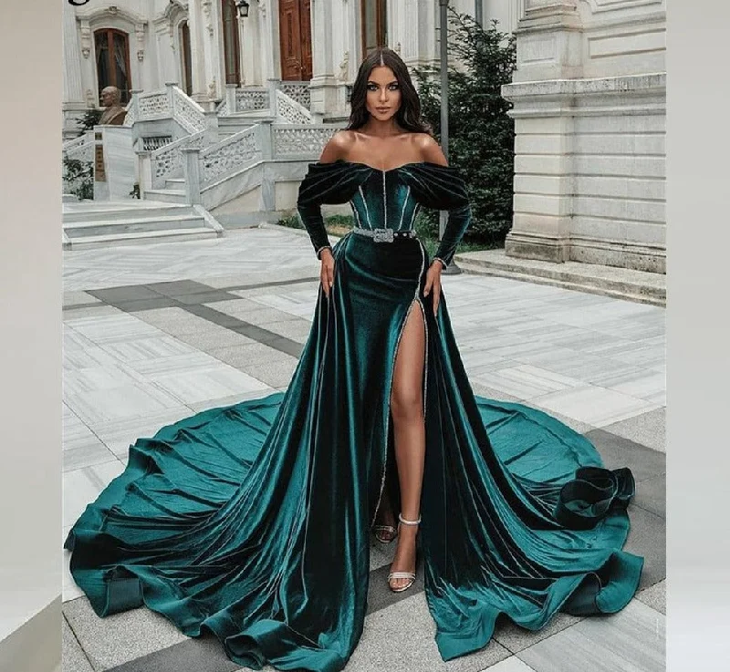 Getadme Eightree Royal Green Long Off  Shoulder Caftan Evening Dresses Detachable Train Velvet Side Long Sleeve Slit Evening Party Gowns