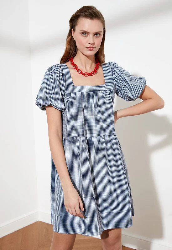 Checkered Puff Sleeve Dress