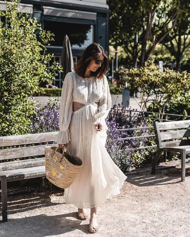 Getadme- Women Sexy Cut Out Pleated Dress Vintage Long Sleeve O Neck Female Casual Chiffon Dress Midi Vestido