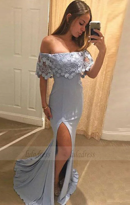 Stylish Mermaid Off-The-Shoulder Split Front Long Prom Dress With Lace