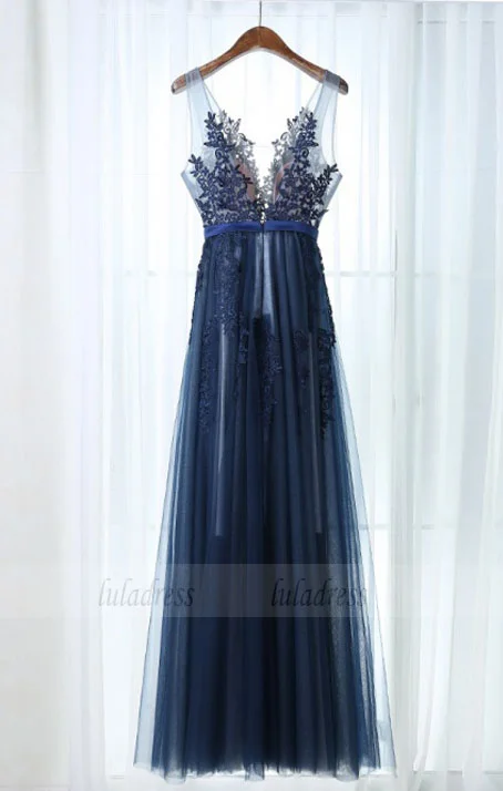 A-Line Scoop Floor-Length Navy Blue Tulle Prom Dress with Sash Appliques
