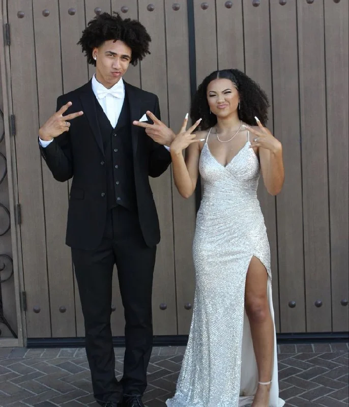 Glitter Sequined Simple Long Prom Dress with Slit     S6674