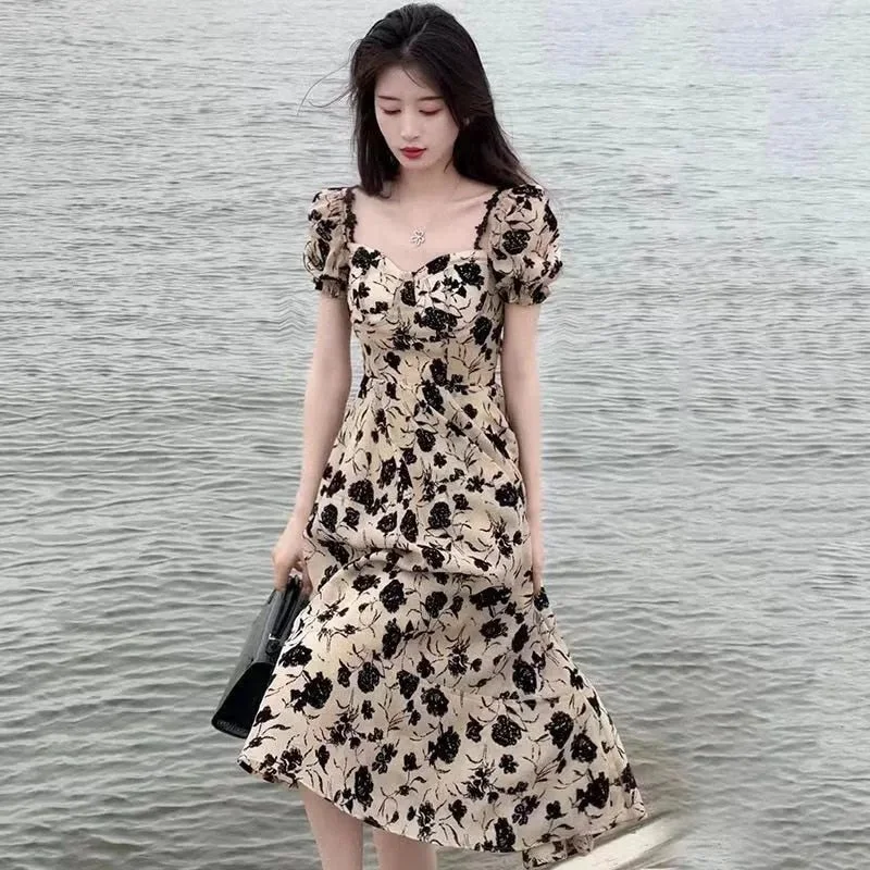 Summer New Women's Fragmented Flower Dress French Black Rose Print Long Dress Slightly Slim Elegant Luxurious Large Skirt