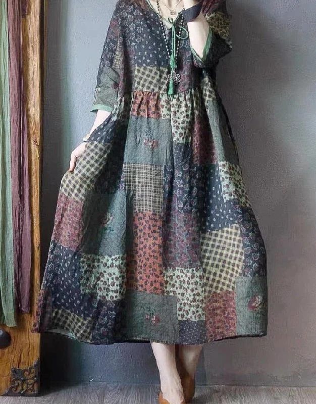 Oversized Summer Vintage Ethnic Style Dress Women Loose Fashion Casual Plaid Floral Dress Korea Ladies Long Dresses