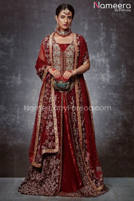 Open Shirt Lehenga Deep Red Bridal Dress Online #BS171