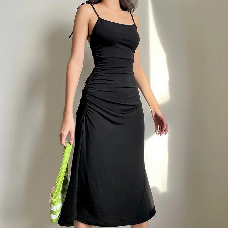 Getadme-Fashion Strappy Ruched Sexy Black Dress Irregular Elegant Backless Long Dress Party Summer Dresses Women Clothes Vintage Dress