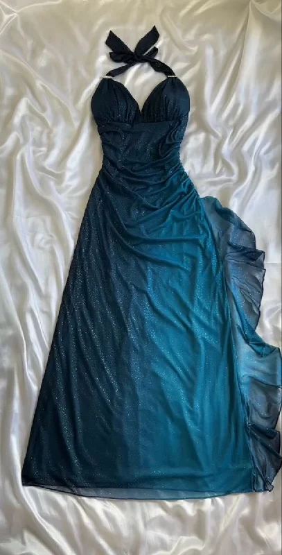 Teal V Neck Halter Shiny Vintage Long Prom Dress        S6476