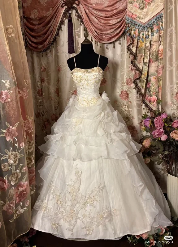 White Long Spaghetti Straps Long Princess Dress Girl Prom Ball Gown       S6534