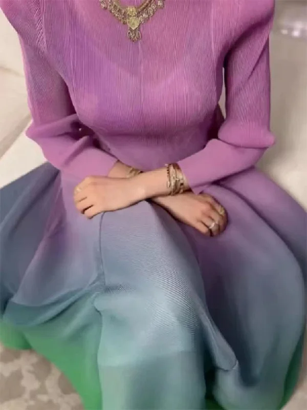 Getadme-Maxi Pleated Gradient Fashion Women's Long Dress Loose Round Neck Long Sleeve Long Casual Party Vestido Summer New