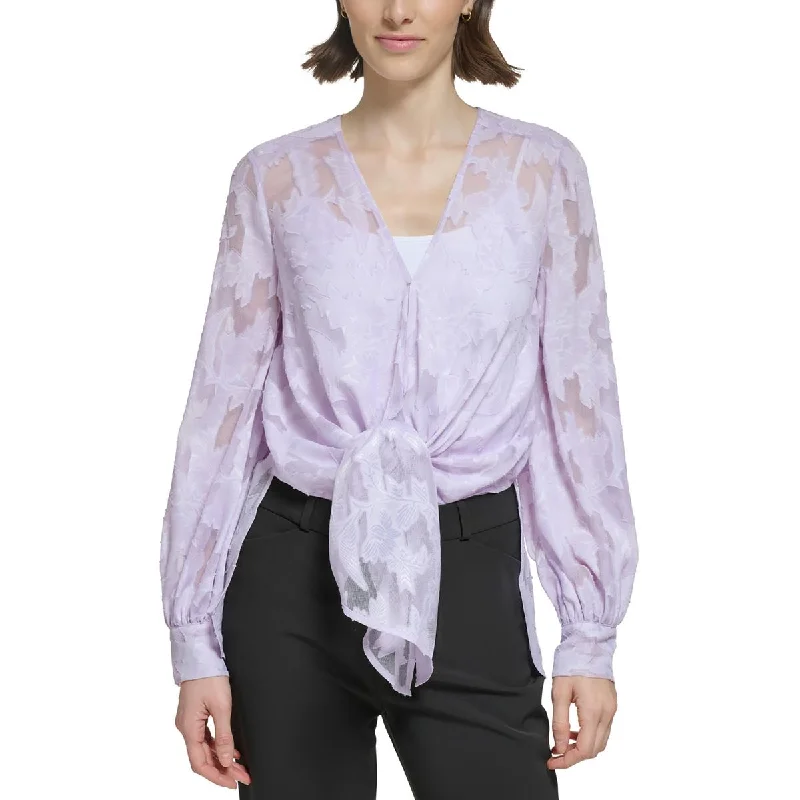 Donna Karan Womens Burnout Floral Blouse Double-Layered Blouse