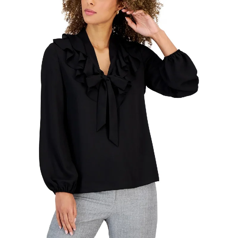Kasper Womens Ruffled Tie-Front Blouse Satin Bow Blouse
