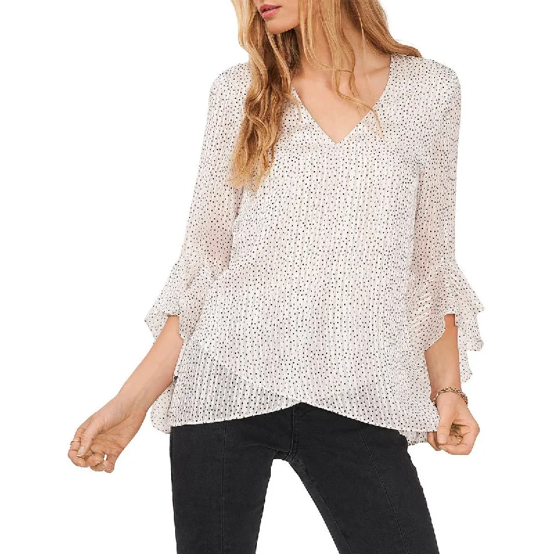 Vince Camuto Womens Dotted V-Neck Blouse Flowy Bohemian Blouse
