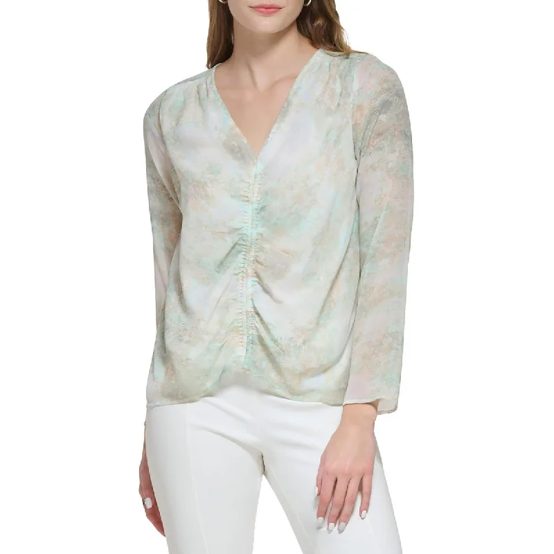 Calvin Klein Womens Ruched V-Neck Blouse Subtle Shimmer Blouse