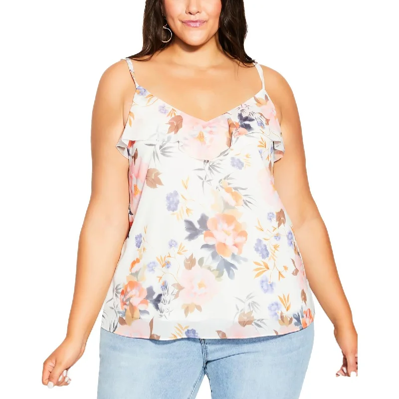 City Chic Womens Plus Chloe Ruffled Floral Print Blouse Elegant Silk Blouse