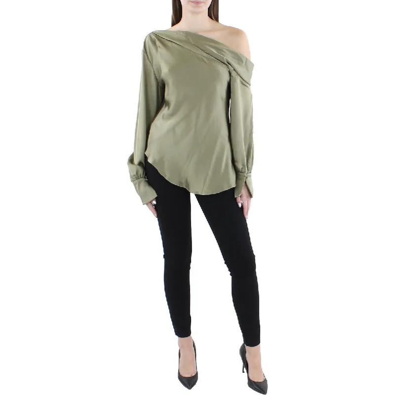Jonathan Simkhai Womens Alice Crinkled Long Sleeve Blouse Modern Work Blouse