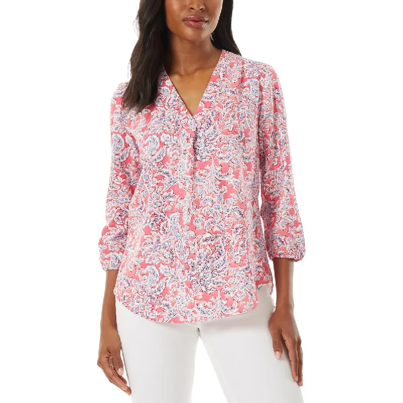 Jones New York Womens V-Neck Three-Quarter-Sleeves Blouse Puff Sleeve Blouse