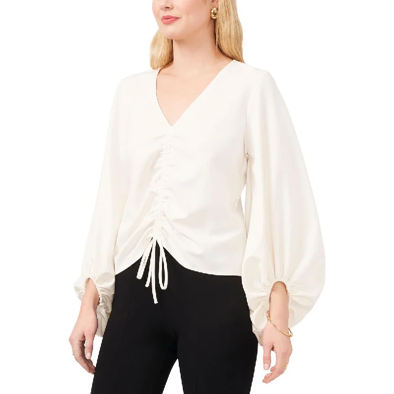 MSK Womens Petites Ruched Puff Sleeves Blouse Embellished Collar Blouse