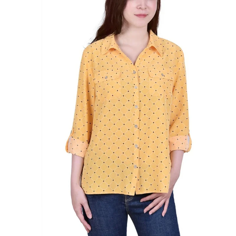 NY Collection Womens Petites Collared Striped Blouse Feminine Satin Blouse