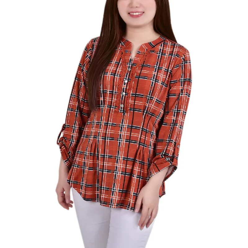 NY Collection Womens Petites Plaid  Blouse Embroidered Cotton Blouse
