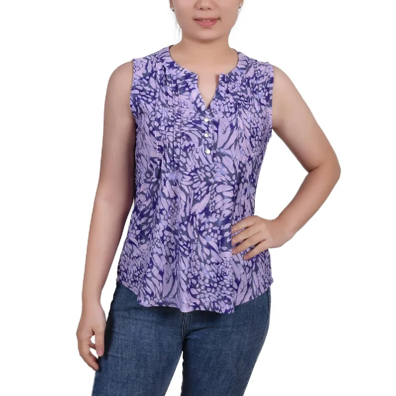 NY Collection Womens Petites Printed Y-Neck Blouse Sleeveless Chiffon Blouse