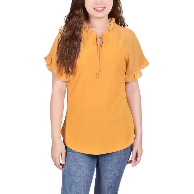 NY Collection Womens Petites Tie-Neck Sheer Sleeves Blouse Drape Neck Blouse