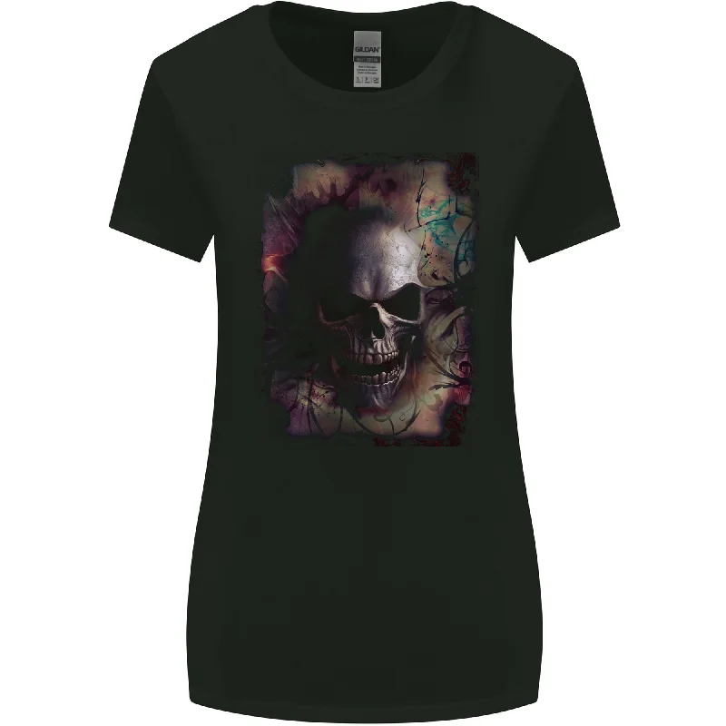 Artistic Skull Gothic Goth Womens Wider Cut T-Shirt Beaded Sequined Faux Fur