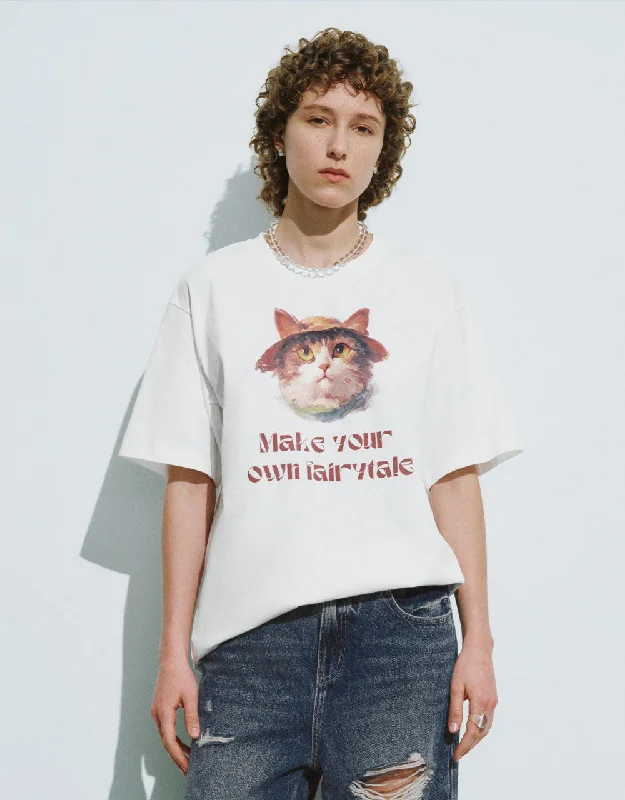 Cat Printed Crew Neck Loose T-Shirt Anti-Pilling Machine Wash Handmade