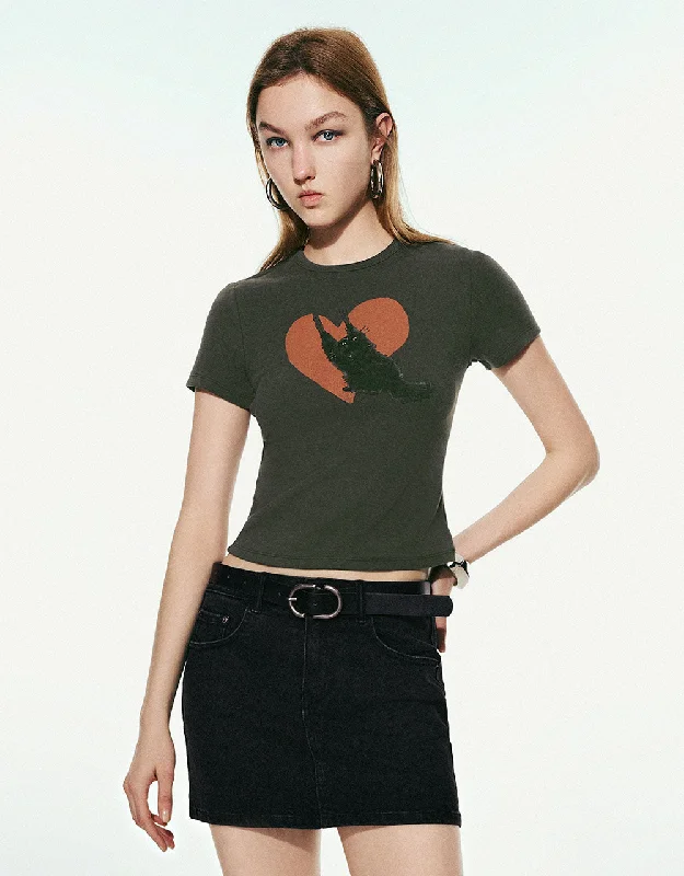 Cat Printed Crew Neck Skinny T-Shirt Thin T-Shirt Open Front Quick Dry