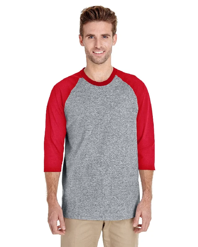 Gildan Heavy Cotton 3/4-Raglan Sleeve T-Shirt | Sport Grey/ Red Zippered Buttoned Snapped Gildan Heavy Cotton 3/4-Raglan Sleeve T-Shirt | Sport Grey/ Red Zippered Buttoned Snapped