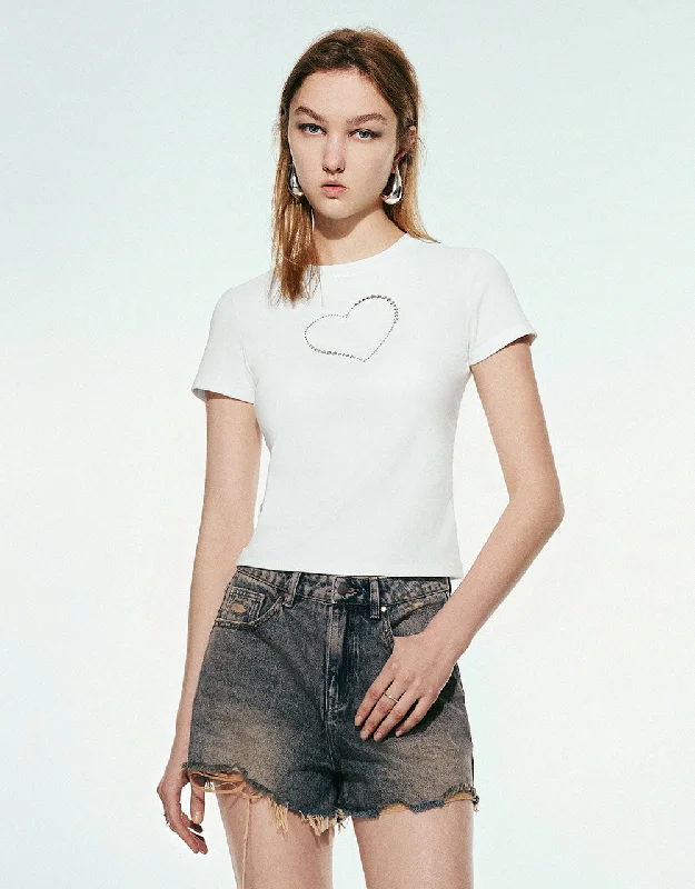 Rhinestone Décor Crew Neck Skinny T-Shirt Fleece Nylon Spandex