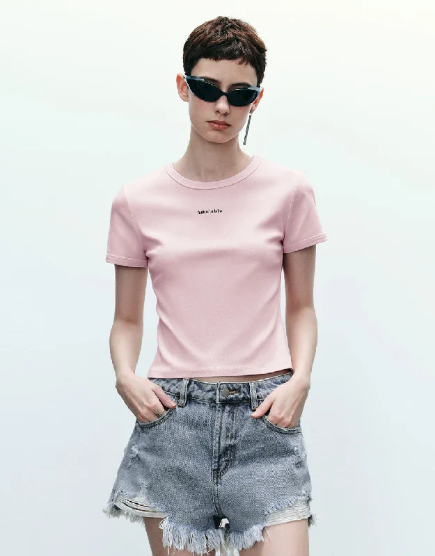 Letter Printed Crew Neck Skinny T-Shirt Fitted T-Shirt Seamless Stretchy