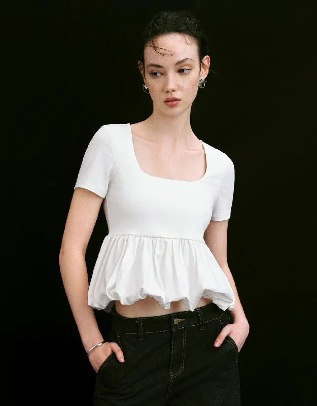 Bubble Hem U Neck Straight T-Shirt Ribbed Striped Patterned
