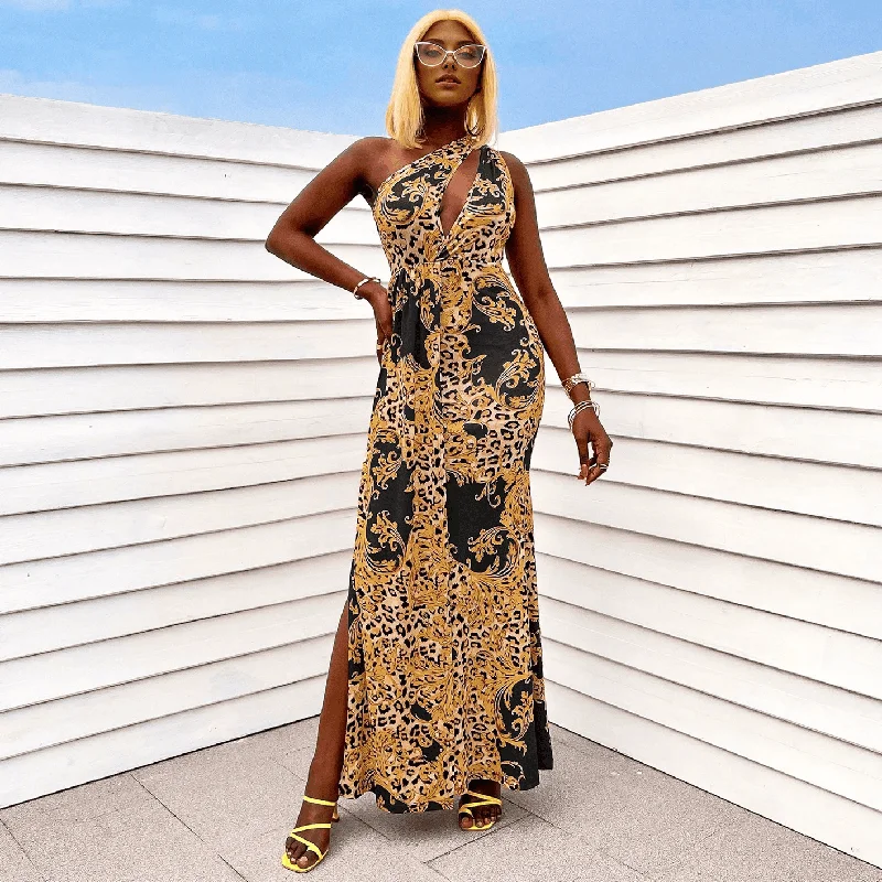 Julia Fashion - Sexy Printed Slant Shoulder Cut Out Maxi Dress Chic Summer Floral Maxi Dress Julia Fashion - Sexy Printed Slant Shoulder Cut Out Maxi Dress Chic Summer Floral Maxi Dress
