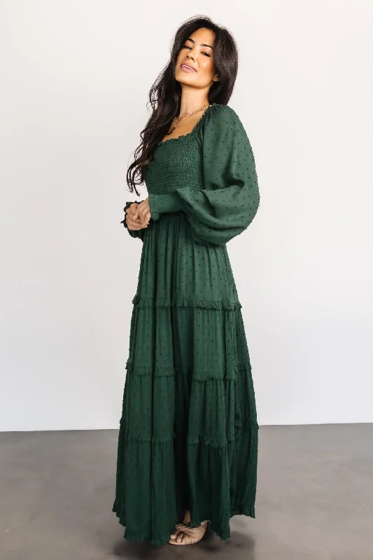 Amanda Smocked Dotted Maxi Dress | Evergreen Trendy Floral Print Maxi Dress