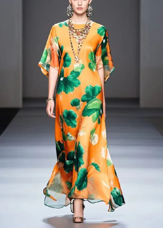 Beautiful Orange Oversized Print Silk Maxi Dress Summer Comfortable Ruffle Hem Maxi Dress