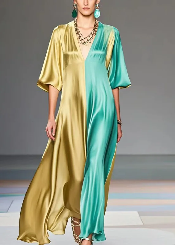 Chic Colorblock V Neck Patchwork Silk Maxi Dresses Summer Casual Maxi Dress with Pockets Chic Colorblock V Neck Patchwork Silk Maxi Dresses Summer Casual Maxi Dress with Pockets