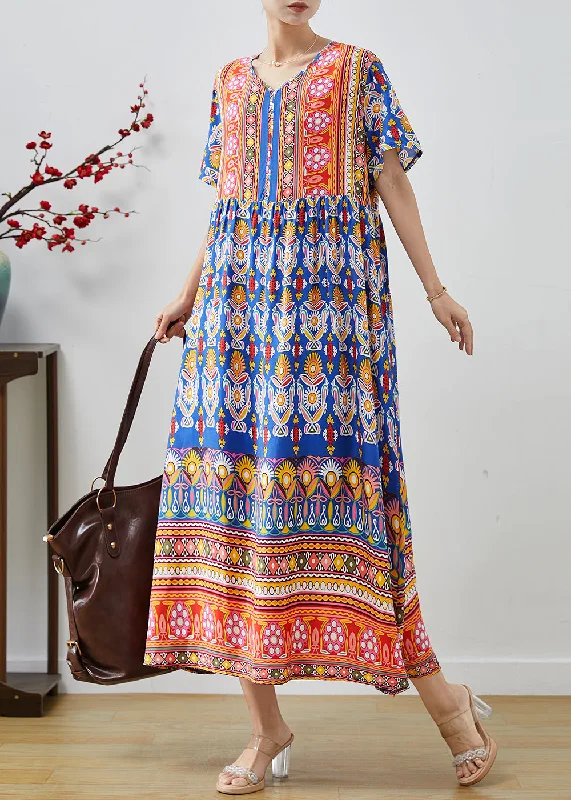 Classy Blue Oversized Print Cotton Maxi Dresses Summer Cozy Ribbed Maxi Dress