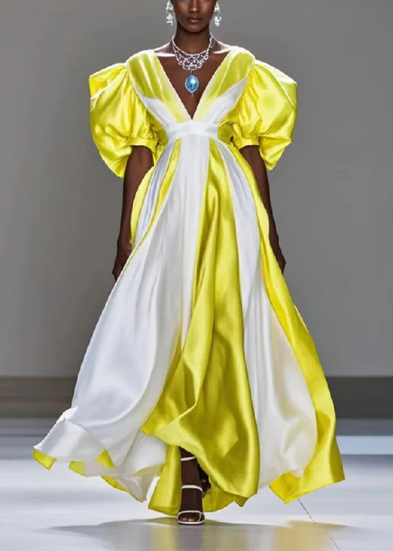 DIY Colorblock Puff Sleeve Patchwork Exra Large Hem Silk Maxi Dresses Elegant Maxi Dress with Pockets DIY Colorblock Puff Sleeve Patchwork Exra Large Hem Silk Maxi Dresses Elegant Maxi Dress with Pockets
