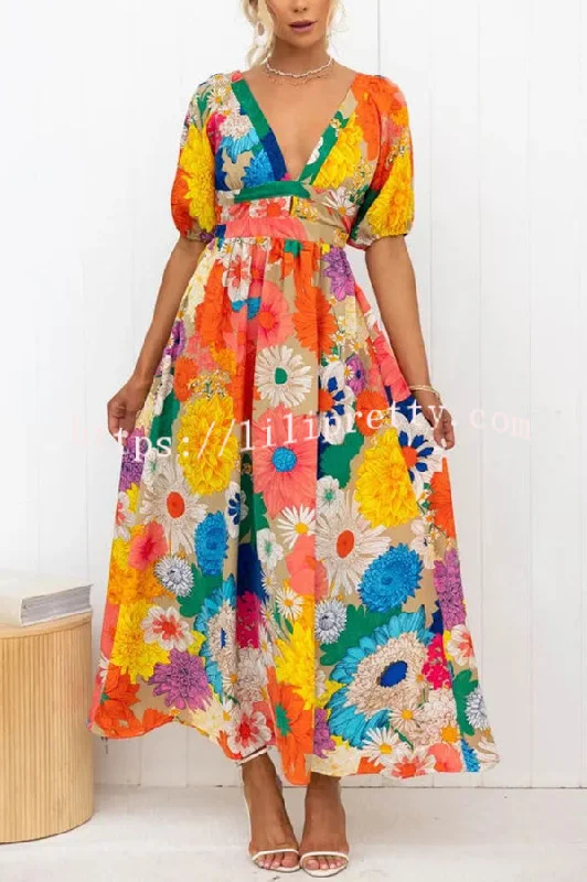 Lilipretty Floral Frenzy Printed Puff Sleeve Back Smocked Maxi Dress Fashionable Asymmetrical Maxi Dress Lilipretty Floral Frenzy Printed Puff Sleeve Back Smocked Maxi Dress Fashionable Asymmetrical Maxi Dress