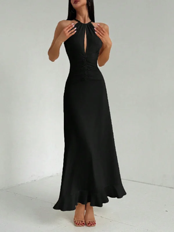 Halter Hollow Out Sleeveless Maxi Dress Elegant Maxi Dress with Ruffles