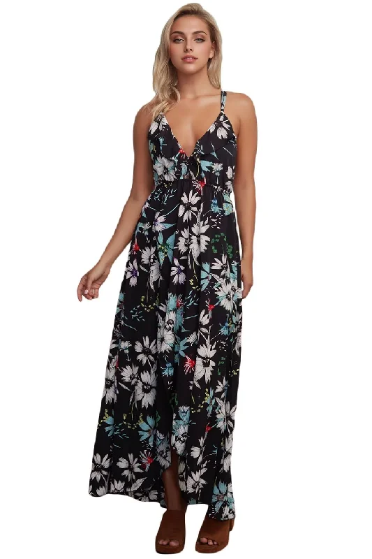 JuliaFashion-Black Floral Chiffon Spaghetti Straps Maxi Dress Comfortable Ruffle Maxi Dress JuliaFashion-Black Floral Chiffon Spaghetti Straps Maxi Dress Comfortable Ruffle Maxi Dress