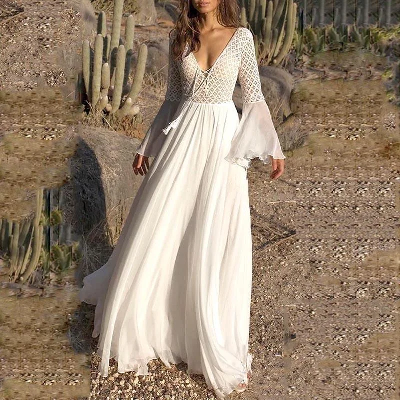 JuliaFashion-Long Flare Sleeve V-Neck White Hollow Lace Maxi Dress Trendy Button Front Maxi Dress
