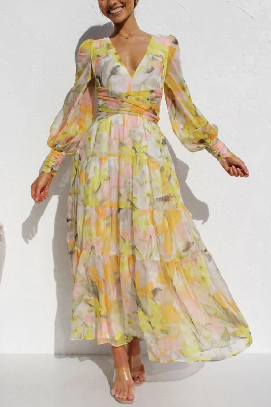 Lilipretty Olena Abstract Floral Balloon Sleeves Maxi Dress Stylish Pleated A-Line Maxi Dress Lilipretty Olena Abstract Floral Balloon Sleeves Maxi Dress Stylish Pleated A-Line Maxi Dress