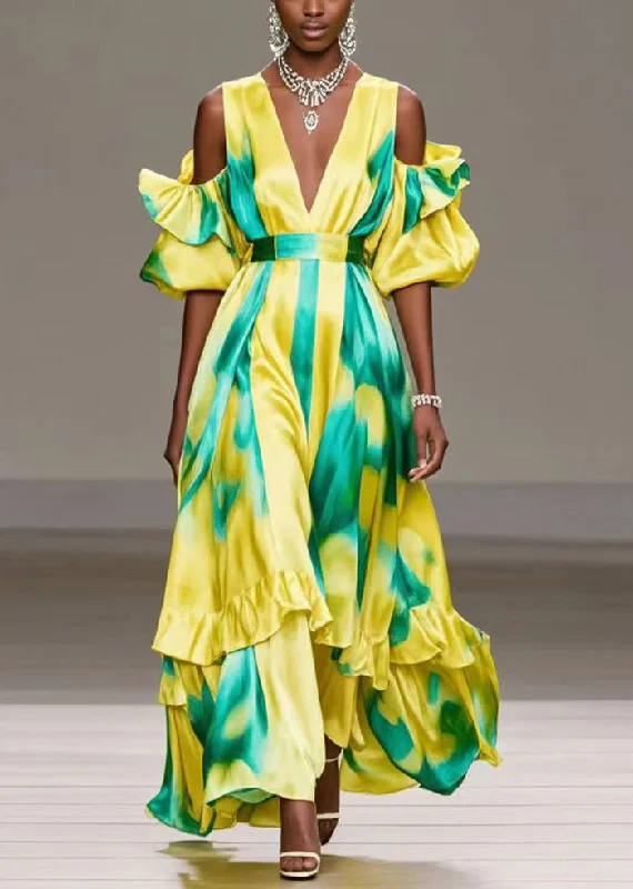 Simple Yellow Cold Shoulder Tie Dye Ruffles Silk Maxi Dress Summer Trendy Maxi Dress with Belt Simple Yellow Cold Shoulder Tie Dye Ruffles Silk Maxi Dress Summer Trendy Maxi Dress with Belt
