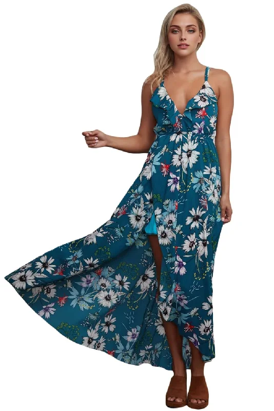 JuliaFashion - 2024Slate Blue Floral Chiffon Spaghetti Straps Maxi Dress Stylish One-Shoulder Maxi Dress JuliaFashion - 2024Slate Blue Floral Chiffon Spaghetti Straps Maxi Dress Stylish One-Shoulder Maxi Dress