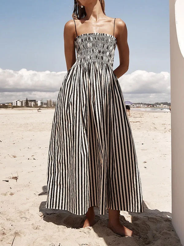Sleeveless Pinstripe Long Maxi Dress Trendy Satin Maxi Dress