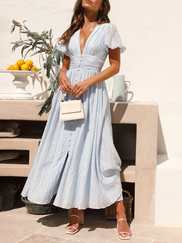 Solid Color Button Up Split Maxi Dress Comfortable Maxi Dress with Slits