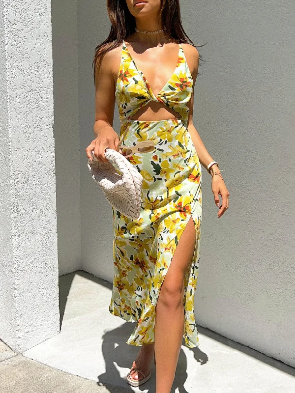 Spaghetti Strap Hollow Out Printed Maxi Dress Comfortable Casual Maxi Dress